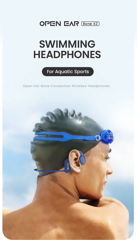 OPENAIR Bone x2 - Wasserdichte Schwimm-Kopfhörer mit MP3-Player 32GB & Bluetooth 5.2 - Knochenleitungs-Sport-Kopfhörer - IPX8 wasserdicht - kabelloses Schwimm-Headset für Schwimmen, Laufen & Fitness