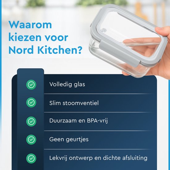 Nord Kitchen Einmachschalen Set - mit Glas-Dampfdeckel - Meal Prep Schalen - Gefrierschalen Vollglas - luftdicht - 5 Stück - 1040 ML