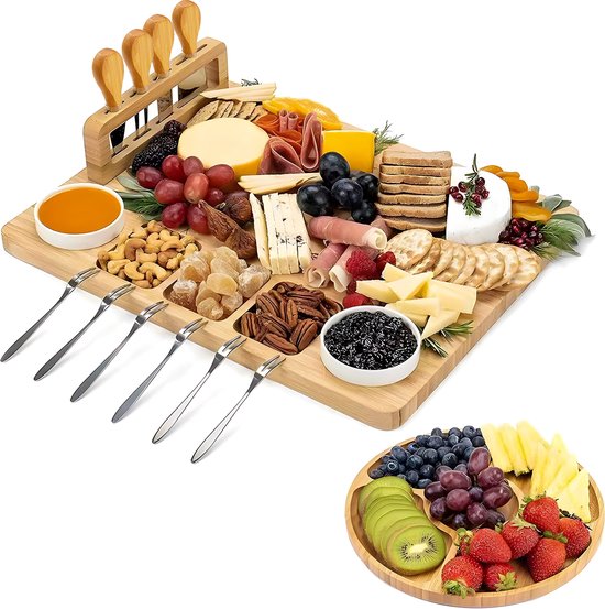 Kicinn Trinkbrett - Tapasbrett - Käsebrett - Servierbrett - Trinkbrett Holz - Inkl. Käsemesser, Gabeln, Schalen und extra Servierbrett - Bambus