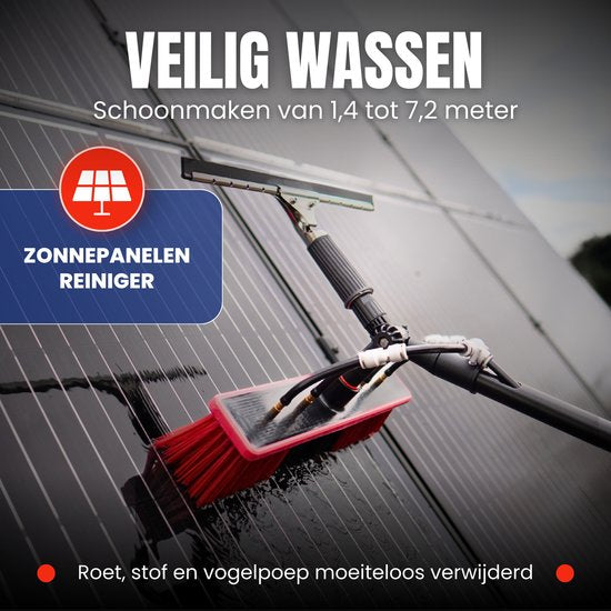 Aqualitá® Teleskopstiel Fensterreinigung 9M mit Gämse - Fensterwascher Teleskop - Solarpanelreiniger - Fensterwaschset Teleskopstiel mit Wasserdurchlass - Teleskopwaschbürste - Teleskopbürstenset mit Seifenspender für die Fensterreinigung