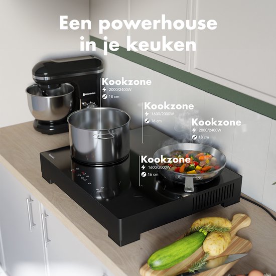 KitchenBrothers Induktionskochfeld - Freistehendes Induktionskochfeld - 60 cm - 4 Zonen - 1 Phase - bis zu 2400W - Schwarz