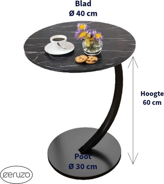 Ceruzo Beistelltisch - Schwarz marmorierte Platte - Rund 40 cm - Hoch 60 cm - Bank Tisch- C Form
