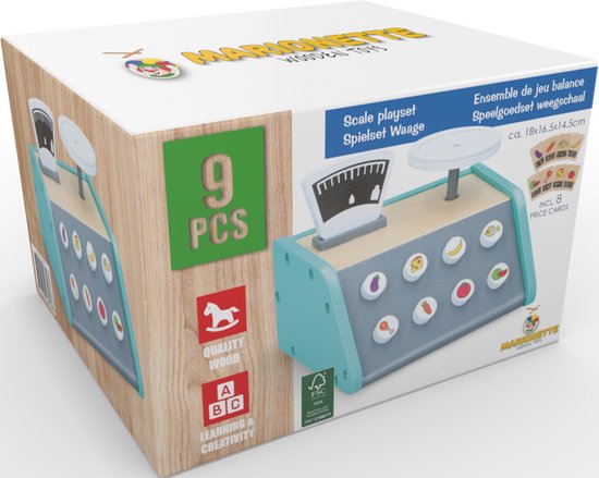 Marionette Holzspielzeug Spielzeugwaage - Mit 9 Karten - Lernspielzeug - FSC Label - Holz