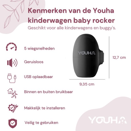 Youha Baby Rocker - Automatisches Schaukeln des Kinderwagens oder Buggys - Hände frei vom Schaukeln - Wippe für Kinderwagen - Einschlafhilfe Baby - 5 Wiegemodi - Inklusive Aufbewahrungsbeutel & Ladekabel - Farbe: schwarz