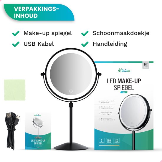 Mirlux Schminkspiegel mit LED-Beleuchtung - 10fache Vergrößerung - höhenverstellbar - 3 Lichtmodi - wiederaufladbar - Vergrößerungsspiegel Schwarz