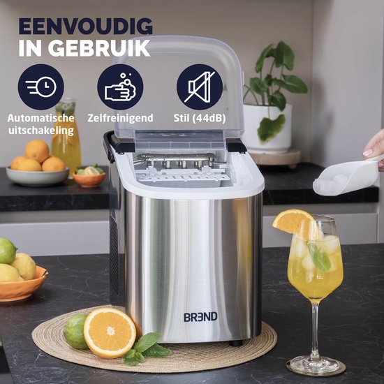 BREND BR-2213 Eiswürfelbereiter mit Schaufel und Tropfschale - Große L oder kleine S Eiswürfel - Tragbarer Eiswürfelbereiter - 10 kg in 24 Stunden - Silber