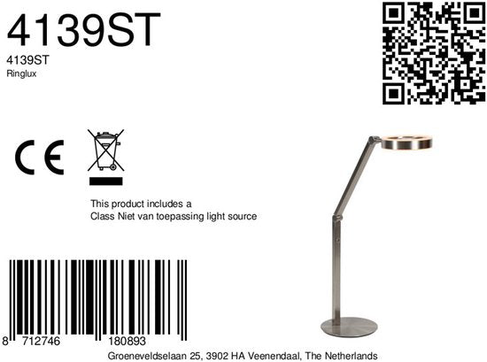 Tischlampe Ringlux 4139ST von Steinhauer – Elegante Lampe aus gebürstetem Stahl, höhenverstellbar von 40 bis 75 cm, mit doppelter LED-Beleuchtung und Touch-Dimmer.