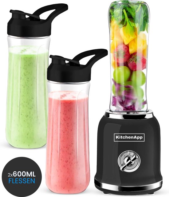 KitchenApp Blender to go - Retro-Mixer - Smoothie-Maker - Inklusive zwei Bechern und diversem Zubehör - Schwarz
