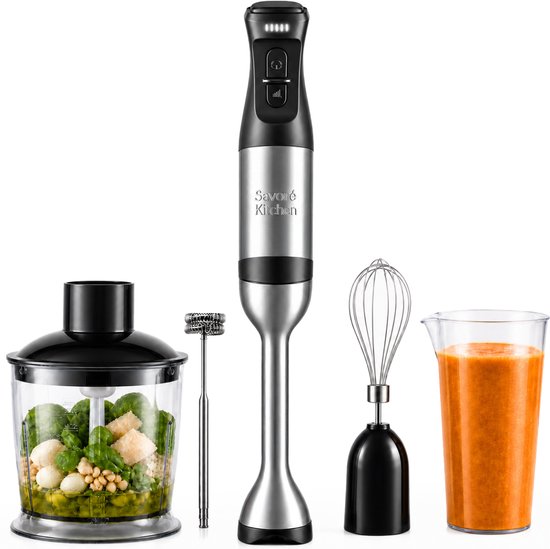 Savoré Kitchen Stabmixer Pro+ 1500 W – Mixer-Set mit Zerkleinerer (600 ml), Schneebesen, Milchaufschäumer und Messbecher – 5 Geschwindigkeitsstufen – 6 Klingen – Edelstahl