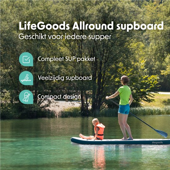 LifeGoods PaddlePro SUP Board - Aufblasbares Paddle Board - Komplettset - Max. 135KG - 320x81cm - Weiß/Tief Aqua