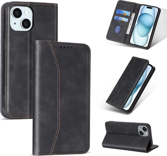 Podec Case mit Kartenhalter geeignet für iPhone 15 Schwarz Phone Case - Anti-Shock Bookcase Cover mit 1x Displayschutzfolie - Wallet Case