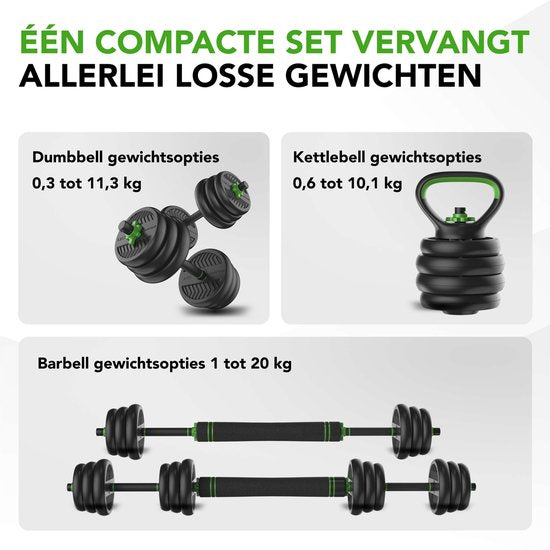 Tunturi Kurzhantelset und Kurzhanteln Vinyl 20 kg - Hantelset mit Kettlebell und Langhantel - Liegestützstützen - Schraubverschluss 30 mm - Anti-Rutsch-Griff