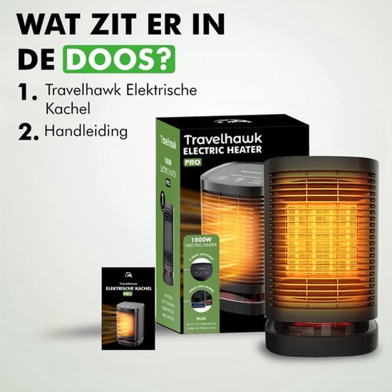 Travelhawk Elektroheizgerät - Keramikheizgerät - 3 Stufen - 950W Heizgerät - Elektroheizgerät mit LED-Anzeige - Rotierend - Schwarz