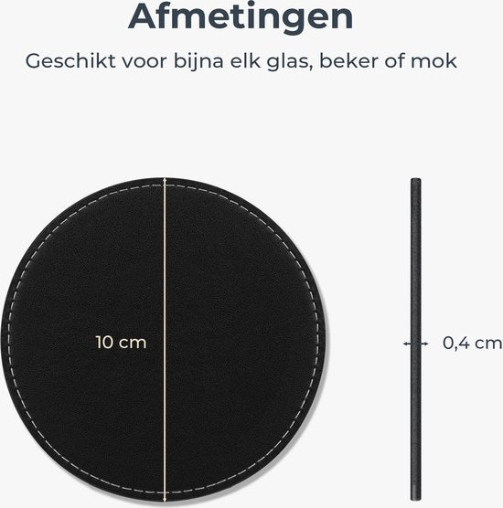 Castagnola Kunstleder-Untersetzer - Untersetzer für Gläser - Design-Untersetzer mit Halterung - Leder-Untersetzer-Set - Leder - 6er-Set - Schwarz mit Naht