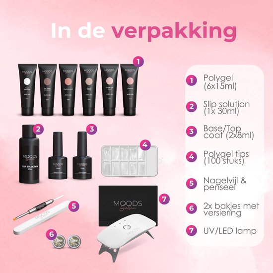 Moods Gellac - Luxus Polygel Set - Polygel Nägel Starter Pack - Inklusive UV LED Lampe - 6 Farben - The Nude
