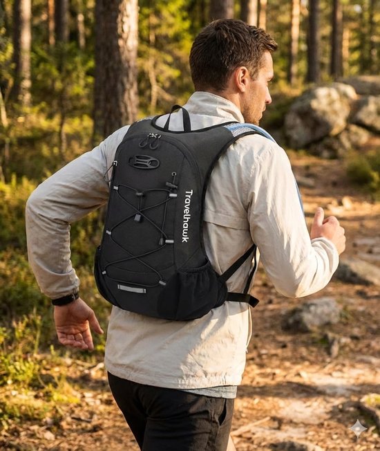 Travelhawk Trinkrucksack - Laufrucksack - Geeignet für 2L Wassersack - Wasserabweisend, leicht, reflektierend - 12L - Schwarz