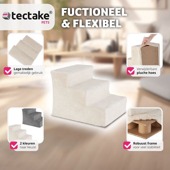 tectake Hundetreppe oder Katzentreppe, Haustiertreppe, Einstiegshilfe mit waschbarem Bezug, extra flache Stufen, Haustiertreppe für Sofa, Bett oder Auto (beige, 37 x 45 x 34,5 cm, 3)