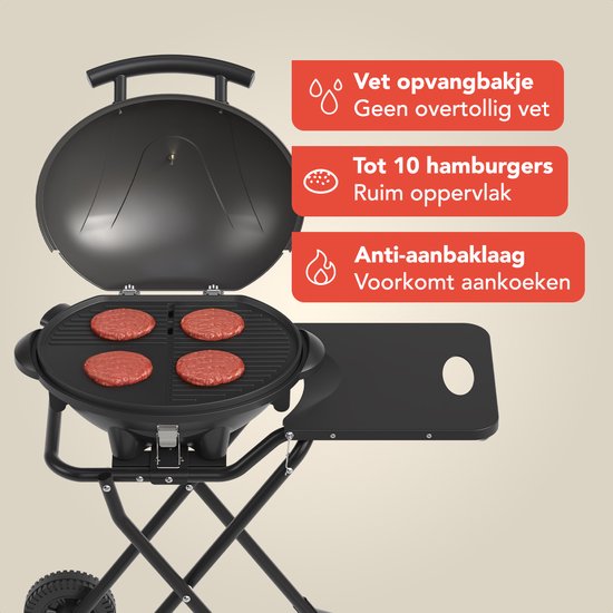 KitchenBrothers - Elektrogrill mit Rädern - Klappbar - Antihaftbeschichtung - Beistelltisch - Bis zu 250°C - 2400W - Schwarz