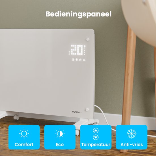 Auronic Elektroheizung - Konvektorheizung mit Thermostat und Fernbedienung - Glasheizkörper - 1500W Heizleistung - Weiß