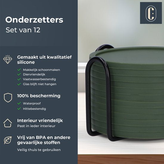Castagnola Silikon-Untersetzer - Untersetzer für Gläser - Design-Untersetzer mit Halter - Untersetzer-Set - Anti-Rutsch - 12er-Set - Grün