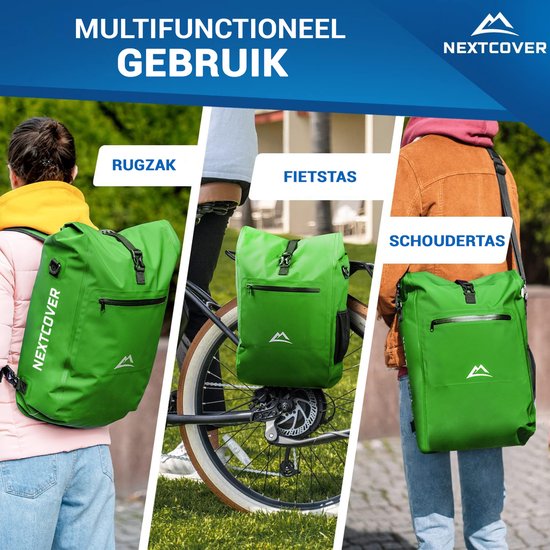 NEXTCOVER® NEXTCOVER® NEW 3-in-1 Fahrradtasche für Gepäckträger [Aquashield] - Reflektierende Gepäcktasche wasserdicht - Rucksack und Umhängetasche [25 Liter]- Gemüse