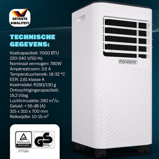 Monzana mobiles Klimagerät - 7000 BTU Fenster-Kit 20 bis 25m² wifi Timer - weiß