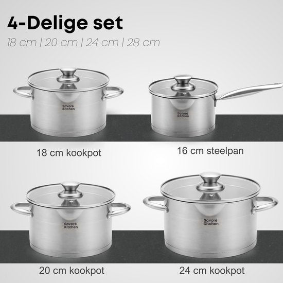 Savoré Kitchen 8-teiliges Pfannenset - Edelstahl - Kochtöpfe mit Glasdeckel - Induktionspfannen - Abtropfrand, Graduierung und Ausgießer