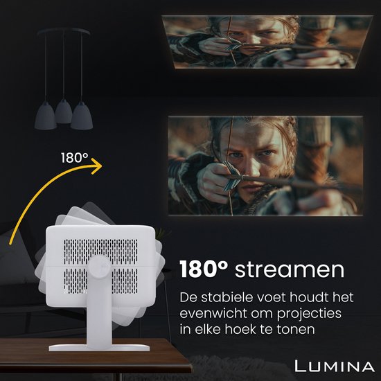 Lumina® Stellar Beamer 2025 - 4K Ultra HD - Automatische Leinwand & Richtfunktion - All-in-one Smart TV Projektor - Für iOS & Android - Weiß