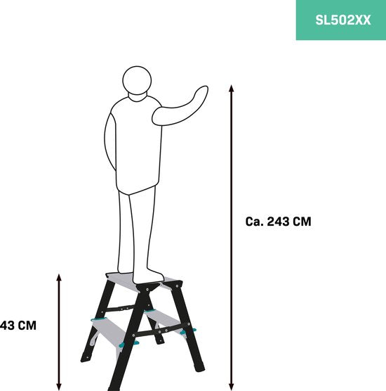 VONROC PRO Doppelstufenleiter 2 Stufen - klappbare Arbeitstreppe/Haustreppe - max. Belastbarkeit 150kg - rutschfest