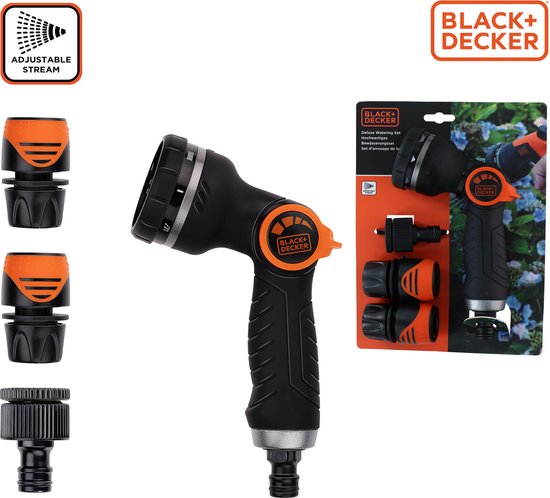 BLACK+DECKER Sprinklerkopf mit 3 Gartenschlauch-Kupplungen - Einstellbarer Wasserdurchfluss - Kunststoff - Schwarz/Orange