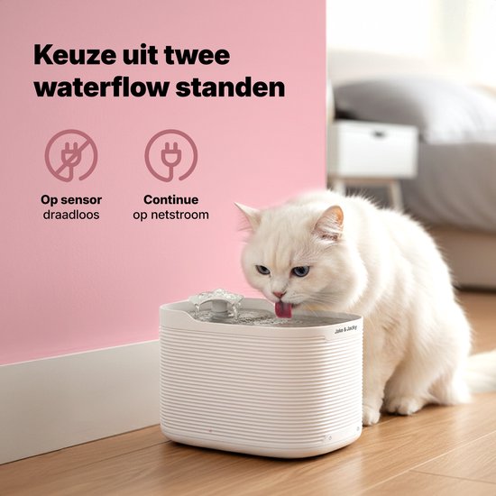 Jake & Jacky Trinkbrunnen Edelstahl kabellos Katze und Hund - Mit Sensor und Batterie - Wasserbrunnen Katze - Katzenbrunnen - Wassernapf - Flüsterleise - Inkl. Filter - 2.5L - Weiß