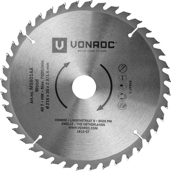 VONROC Sägeblatt - Ø216MM - 40 Zähne - für Holz - geeignet für Kapp- und Tischsägen
