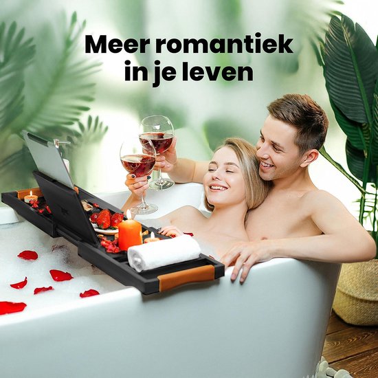 RelaxTub® Badewannenbrett - Badewannenbrett für die Badewanne - Badewannenregal - Verstellbar - Rutschfest - Badewannenbrett Schwarz - Badewannenbrett Holz - Badewannenregal mit Buchhalter, Tablet-Halter & Spiegel