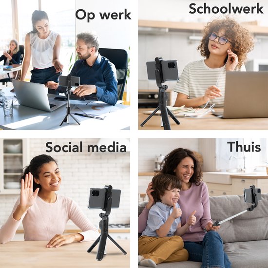 Studio ME - 3-in-1 Selfie Stick & Stativ - 19 bis 70 cm - Mit Bluetooth-Fernbedienung - Universelles Telefonstativ - Kompakt & Tragbar - Schwarzer Kunststoff & Edelstahl