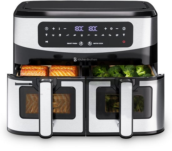 KitchenBrothers Double Airfryer - 2400W - Dual Zone - 9L - Heißluftfritteuse - Airfryer XXL - 2 x 4.5L - 10 Kochprogramme - Edelstahl/Schwarz