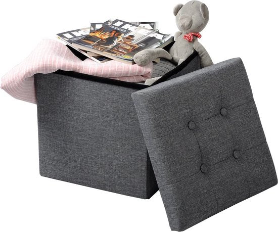 WOLTU Fußhocker mit Bezug aus Leinen,Aufbewahrungshocker klappbar 37.5x37.5x38cm,Dunkelgrau
