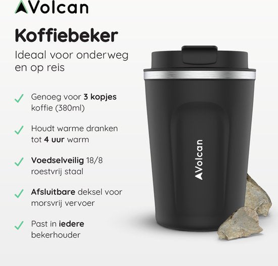 Volcan Edelstahl Kaffeebecher To Go - Thermosbecher - Auslaufsicher - Teebecher - 380ml - Schwarz