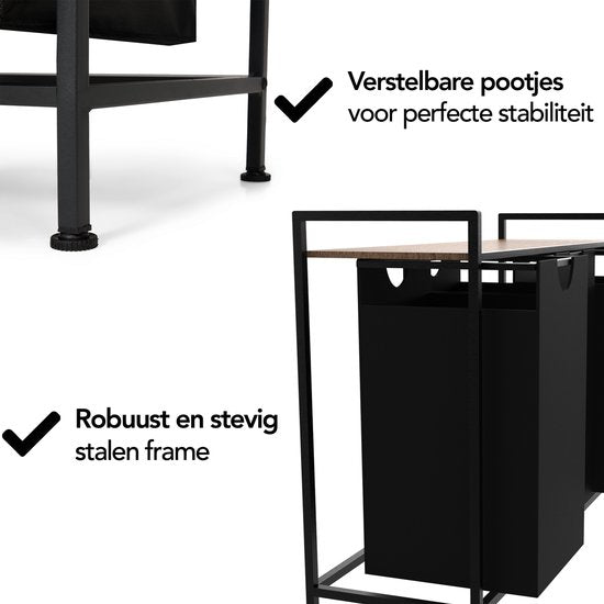 Brixy Wäschekorb 3 Fächer - Wäschesortierer - ausziehbar - Wäschebox aus Metall - 117L Kapazität - 90 x 33 x 70 cm - Schwarz/Braun