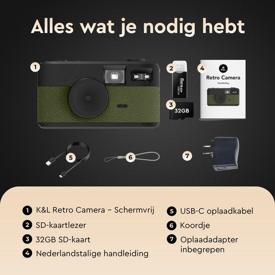 K&L Digitale Retrokamera - Bildschirmlos - Wiederaufladbar - 16.000 Fotos - Fotokamera - Vintage - Inklusive 32GB - Langlebig - Grün
