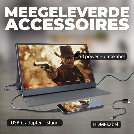 Tragbarer Monitor von Denver - Full HD - 15,6" - Tragbarer Monitor - Ledertasche - HDMI - USB-C - PMO15604
