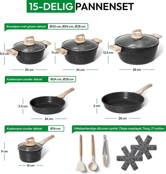 Just Perfecto 15-teiliges Induktionskochgeschirrset - Schwarzes Kochgeschirrset mit Deckel für Gas und Induktion - PFAS frei - Kalte Griffe