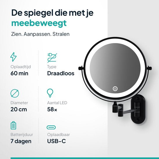 Mirlux Make-up-Spiegel mit Led-Beleuchtung - wiederaufladbar - 5-fache Vergrößerung - Vergrößerungsspiegel mit Licht - Rasierspiegel - Badezimmerspiegel - Schwarz