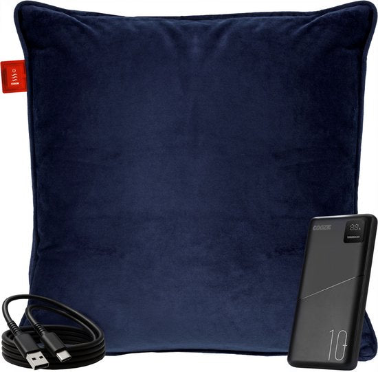 Coozie Wiederaufladbares Wärmekissen - Kabellos & verkabelt - 45-65°C - Samt - 45 x 45 cm - Elektrisches Kissen - Inkl. Powerbank - Bis zu 8 Stunden Wärme - Dunkelblau