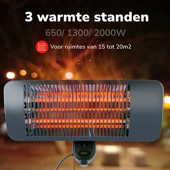 alpina Infrarot-Hängheizung – Terrassenheizung 2000 W, 3 Heizstufen – Spritzwassergeschützte Terrassenheizung IP34 mit Infrarot-Panel – Terrassenheizung