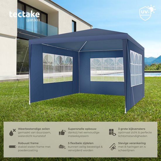 tectake - Pavillon - mit verstärktem Rahmen - Partyzelt 3x3 m - wasserdichte Plane - abnehmbare Seitenwände - wetterfester Gartenpavillon - inklusive Spannleinen und Heringe - blau - Pop-up-Faltzelt