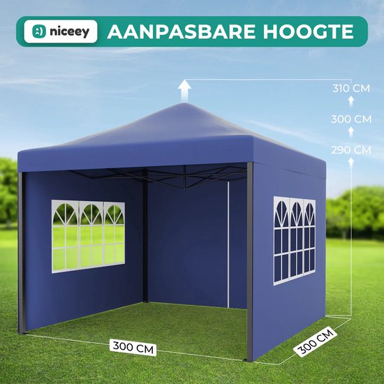 Niceey Partyzelt - 3x3m - Pavillon - faltbar und wasserdicht - Partyzelt mit Seitenwänden - Gartenzelt - einfacher Aufbau - Tragetasche mit Rädern - Dunkelblau