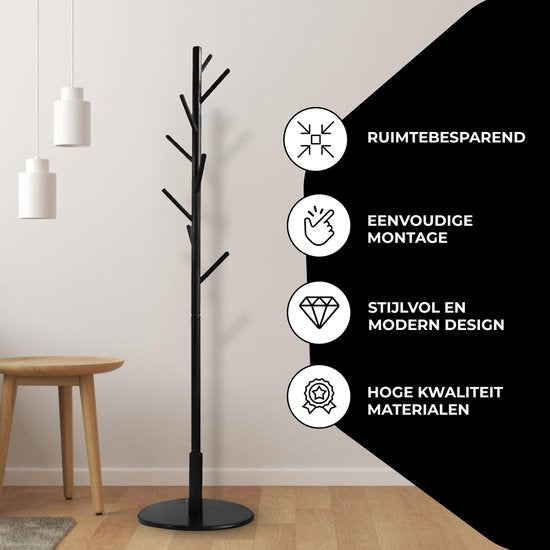 Bayt Garderobe - Stehende Garderobe - Garderobenständer Holz - Stehende Garderobe - Garderobenständer - 8 Haken - 175 cm - Schwarz