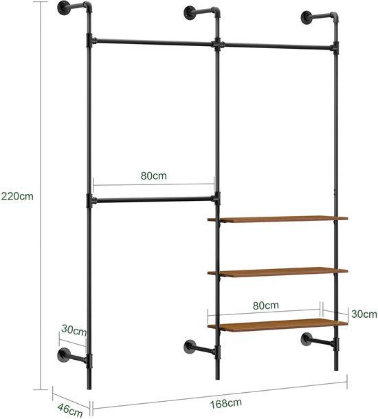 SoBuy Industrie-Kleiderständer mit 3 Stangen und 3 MDF-Einlegeböden, robuster offener Kleiderschrank, industriell schwarz KLS18-SCH