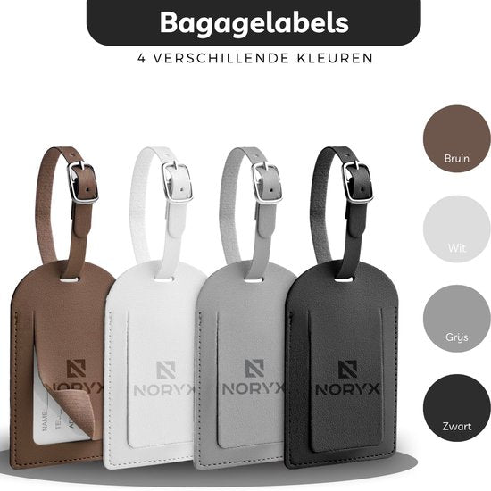 Noryx 4-teiliges Kofferetiketten-Set - Kofferetikett - Kofferanhänger - Kofferetikett - Grau, Weiß, Schwarz & Braun