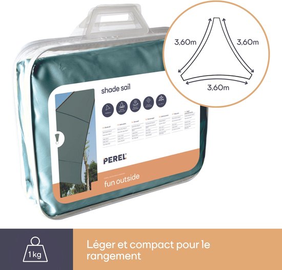 Perel Schattentuch, wasserabweisend, 3,6 x 3,6 x 3,6 m, 160 g/m², Polyester, Dreieck, grün-grau